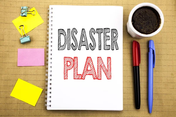 Word, writing Disaster Plan. Business concept for Emergency Recovery Written on notepad note paper background with space office view with pencil marker coffee — Stock Photo, Image