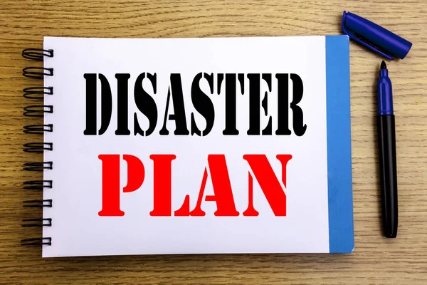 Handwriting Announcement text showing Disaster Plan. Business concept for Emergency Recovery Written on notepad note paper background with space office view with pencil marker — Stock Photo, Image