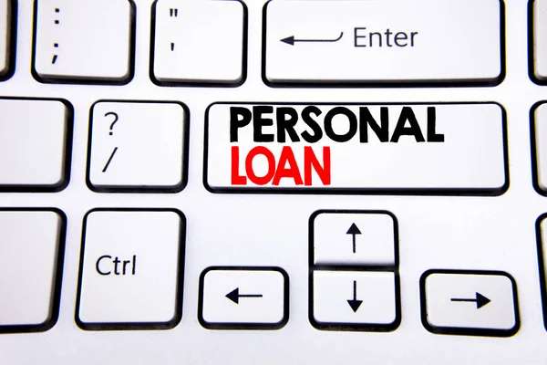 Hand writing text caption inspiration showing Personal Loan. Business concept for Bank Financial Help written on white keyboard key with copy space. Top view. — Stock Photo, Image