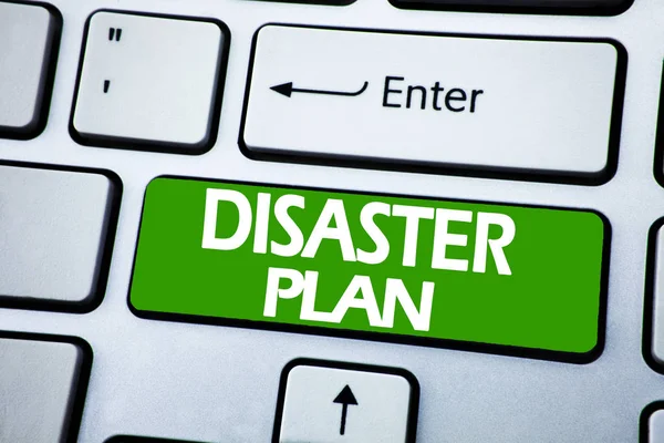 Handwriting Announcement text showing Disaster Plan. Business concept for Emergency Recovery written on blue key on the keybord background.