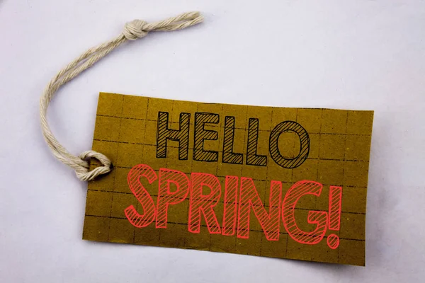 Handwriting Announcement text showing Hello Spring . Business concept for online sale Summer Time Welcoming written on price tag paper on the white vintage background. — Stock Photo, Image