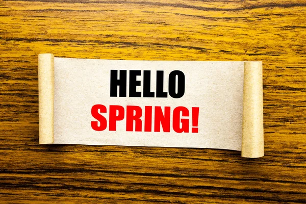 Escritura a mano texto pie de foto inspiración mostrando Hello Spring. Concepto de negocio para Summer Time Welcoming escrito en papel adhesivo sobre el fondo de madera . — Foto de Stock