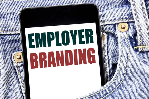 Hand writing text caption inspiration showing Employer Branding. Business concept for Brand Building written on smartphone in the jeans pants. Blue background.