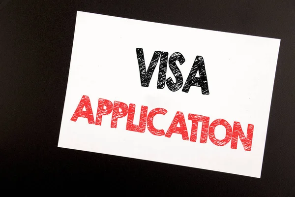 Hand writing text caption inspiration showing Visa Application. Business concept for Passport Apply written on sticky note, black background with copy space