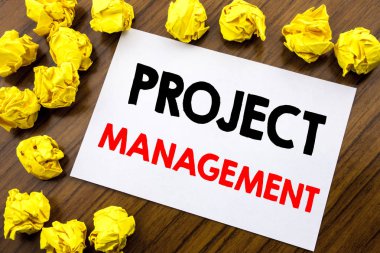 El yazısı metin kelime proje yönetimi gösteren. Yapışkan not kağıdı, katlanmış sarı kağıt ile alan office manzaralı ahşap arka plan üzerinde strateji planı gol yazılı yazılı iş kavramı