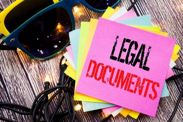 Word, writing Legal Documents. Business concept for Contract Document written on sticky note with copy space on old wood wooden background with sunglasses — Stock Photo, Image