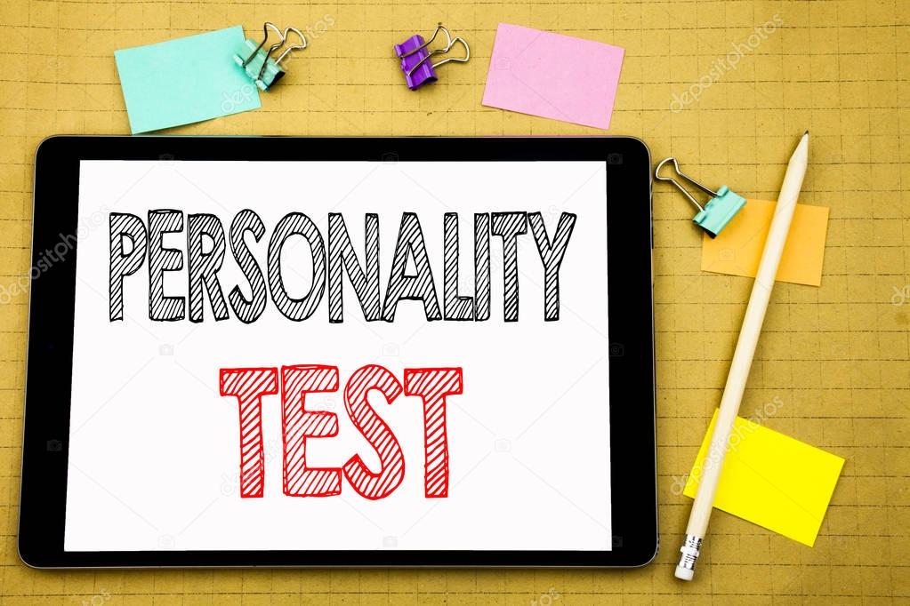 Word, writing Personality Test. Business concept for Attitude Assessment Written on tablet laptop, wooden background with sticky note and pen