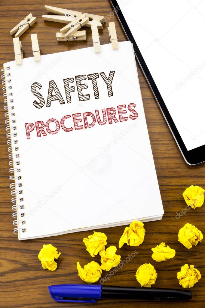 Writing text showing Safety Procedures. Business concept for Accident Risk Policy written on note paper with folded Meaning Thinking paper on the wooden background with marker and coffee