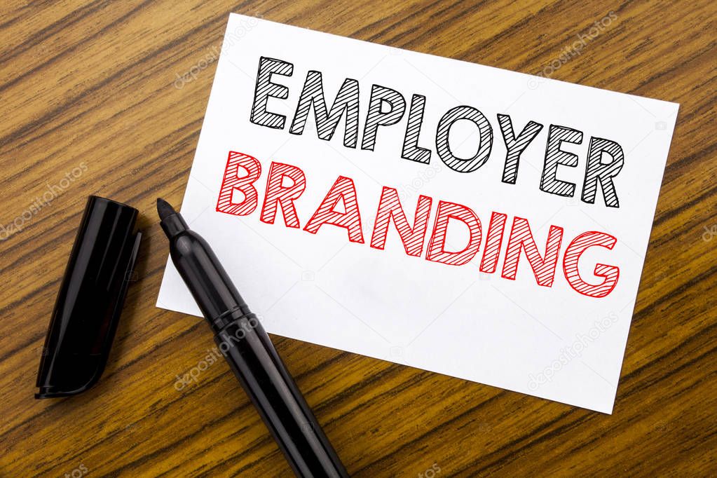 Writing text showing Employer Branding. Business concept for Brand Building written on sticky note paper on the wooden background with pen, marker