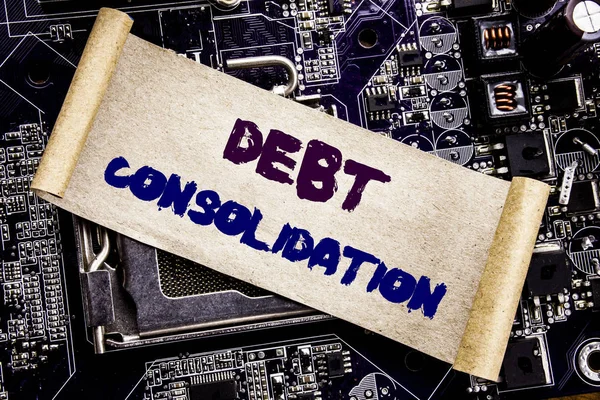 Hand writing text caption inspiration showing Debt Consolidation. Business concept for Money Loan Credit Written on sticky note, computer main board background.