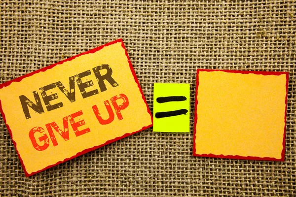 Word, writing, text  Never Give Up. Conceptual photo Motivation Quote For Success Achievement Challenge written on Sticky note Paper Equation For Your Own Text textured background — Stock Photo, Image