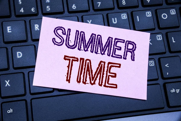 Handwriting Announcement text showing Summer Time. Business concept for Holiday Travel Welcome written on sticky note paper on the black keyboard background. — Stock Photo, Image