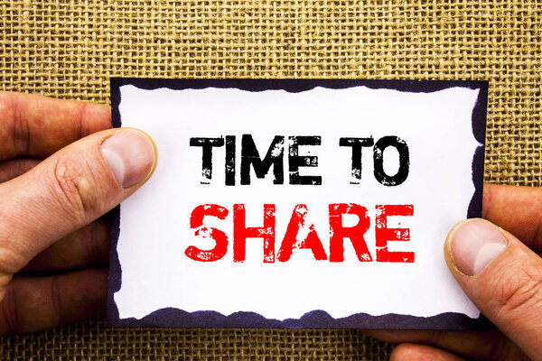 Writing text showing  Time To Share Question. Concept meaning Your Story Sharing Feedback Suggestion Information  written on Sticky Note Paper Holding Hand with Finger.