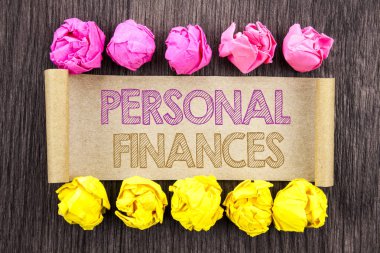 Writing text  Personal Finances. Concept meaning Finance Financial Investment Plan For Success Wealth written on sticky note paper with folded paper yellow and pink on the wooden background. clipart