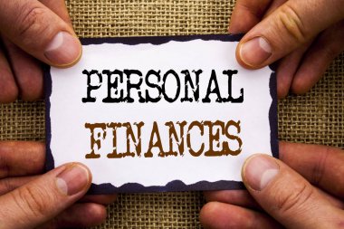 Word, writing, text  Personal Finances. Conceptual photo Finance Financial Investment Plan For Success Wealth written on Sticky Note Paper Holding Hand with Finger. clipart
