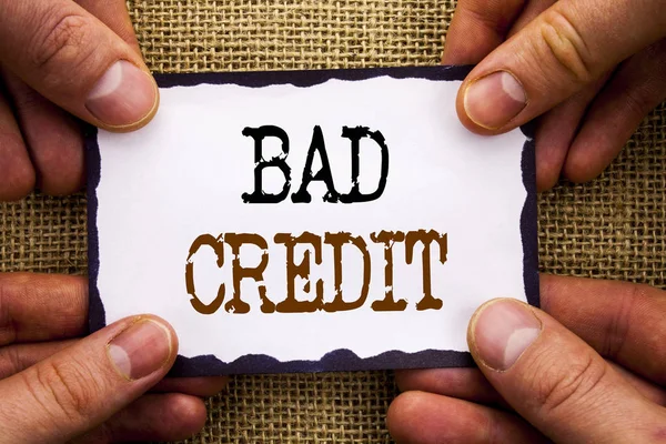 Word, writing, text  Bad Credit. Conceptual photo Poor Bank Rating Score For Loan Finance written on Sticky Note Paper Holding Hand with Finger. — Stock Photo, Image