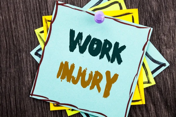 Word, writing, text  Work Injury. Business concept for Bad Body Accident As Emergency Protection written on Blue Sticky Note Paper on the wooden background.