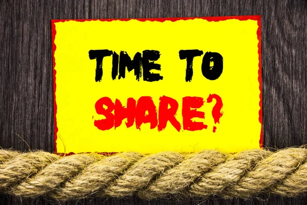 Handwritten text sign showing Time To Share Question. Conceptual photo Your Story Sharing Feedback Suggestion Information  written on Sticky note next to the rope on the wooden background.