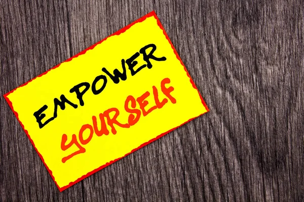 Conceptual hand writing text showing Empower Yourself. Concept meaning Positive Motivation Advice For Personal Development written on Yellow Sticky Note Paper on the wooden background. — Stock Photo, Image