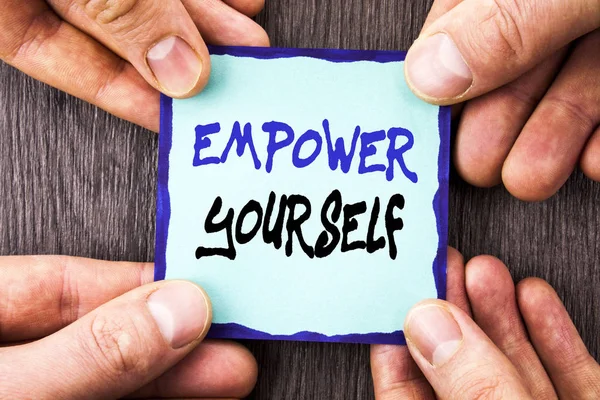 Handwriting Announcement text showing Empower Yourself. Conceptual photo Positive Motivation Advice For Personal Development written on Sticky Note Paper Holding Hand with Finger. — Stock Photo, Image