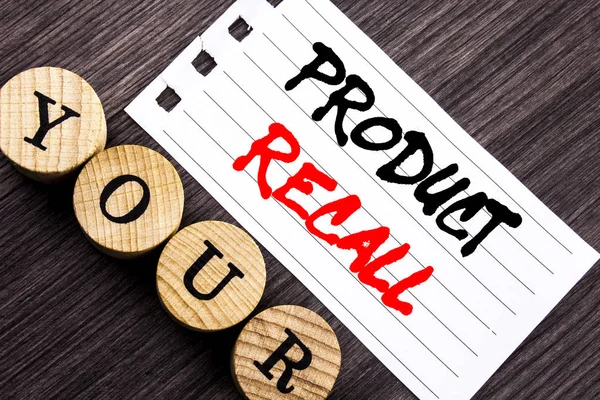 Writing text showing  Product Recall. Business photo showcasing Recall Refund Return For Products Defects written on tear note paper sticky note on the wooden background. — Stock Photo, Image