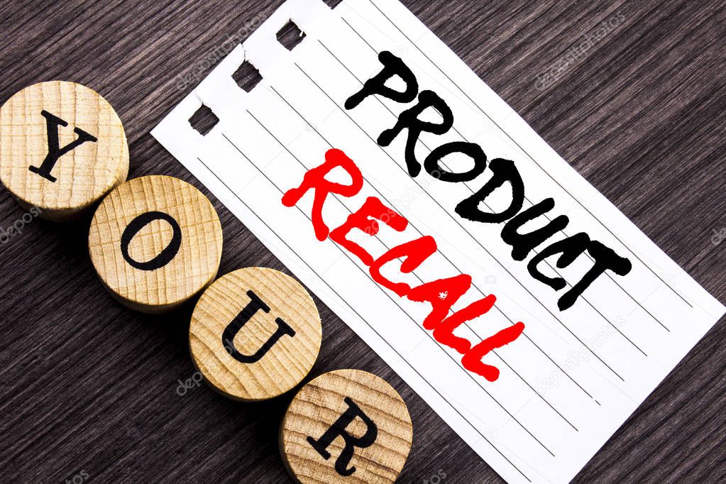 Writing text showing  Product Recall. Business photo showcasing Recall Refund Return For Products Defects written on tear note paper sticky note on the wooden background.