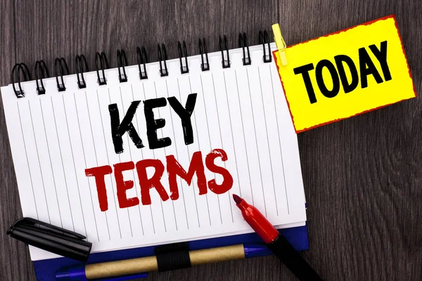 Word writing text Key Terms. Business concept for Key Plan Strategy Performance Vision Goal Policy Concept Firm written on Notebook Book on the wooden background Today Marker next to it.