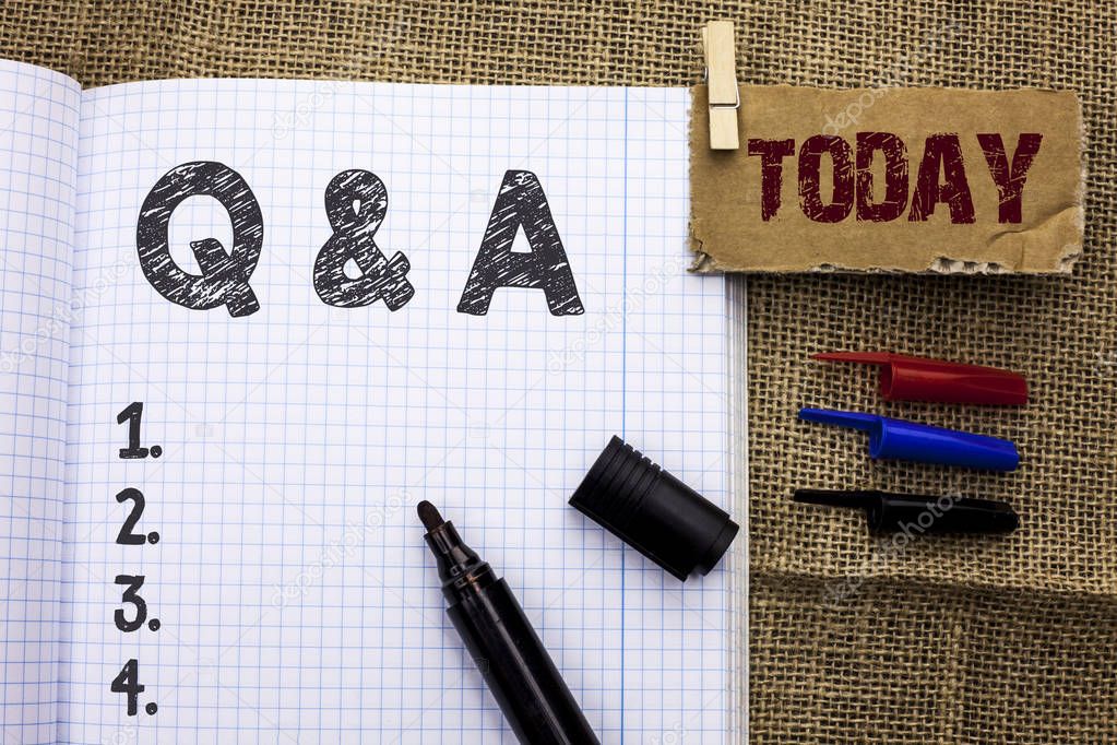 Text sign showing Q A. Conceptual photo Ask Frequently Faq Asked Question Help Solving Doubt Query Support written on Notebook Book With Marker on the jute background Today.