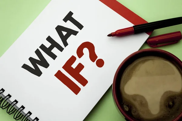 Handwriting text writing What If Question. Concept meaning What Mean Question Ask Frequently Help Solving Support Faq written on Notebook Book on the plain background Coffee Cup next to it. — Stock Photo, Image