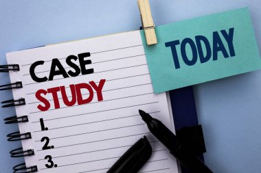 Conceptual hand writing showing Case Study. Business photo text Research Information Analysis Observe Learn Discuss Criteria written on Notebook Book on plain background Today Marker next to it clipart