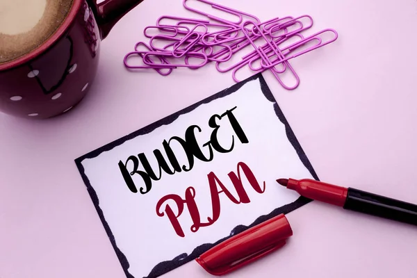 Text sign showing Budget Plan. Conceptual photo Accounting Strategy Budgeting Financial Revenue Economics written on Sticky Note Paper on the plain background Marker Cup Pins next to it.