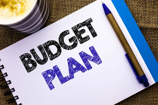 Conceptual hand writing showing Budget Plan. Business photo showcasing Accounting Strategy Budgeting Financial Revenue Economics written on Notebook Book on the jute background Pen and Cup — Stock Photo, Image