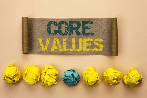 Writing note showing  Core Values. Business photo showcasing Principles Ethics Conceptual Accountability Code Components written on Cardboard Paper on the plain background Crumpled Paper Balls — Stock Photo, Image