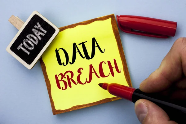 Word writing text Data Breach. Business concept for Stolen Cybercrime Information Hacking Security Malicious Crack written by Man Holding Marker on Sticky Note Paper on the plain background Today