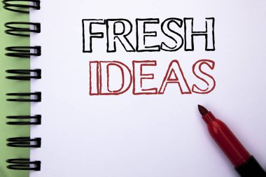 El yazısı metin taze fikirler. Yaratıcı vizyon düşünme hayal kavramı defter kitap düz arka plan Marker yanındaki yazılı strateji anlam kavramı.