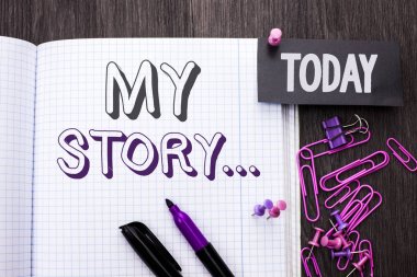El yazısı metin My Story... Biyografi başarı kişisel geçmişi profil ahşap arka plan bugün ile Thumbpin Marker ataş defter kitap yazılı portföy anlam kavramı.