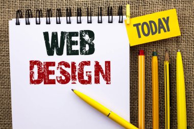 Word yazı metni Web tasarım. İş kavramı Web düzeni şablon duyarlı Web sayfası Webdesign eskiz defter kitap jüt üzerinde arka plan bugün kalem ve kurşun kalem yanındaki yazılı navigasyon için.