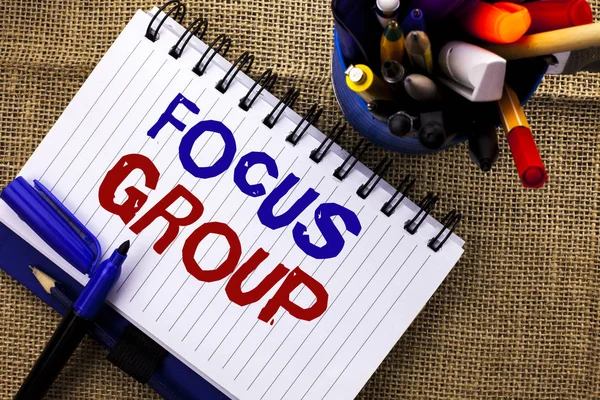 Word writing text Focus Group. Business concept for Interactive Concentrating Planning Conference Survey Focused written on Notebook Book on the jute background Pencils next to it. — Stock Photo, Image