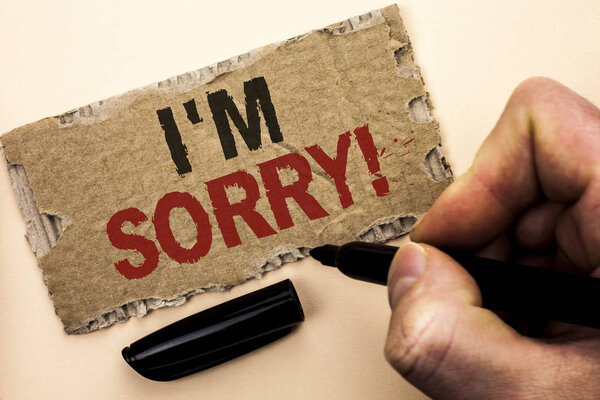 Writing note showing  I m Sorry. Business photo showcasing Apologize Conscience Feel Regretful Apologetic Repentant Sorrowful written by Man Holding Marker on tear Cardboard Piece Plain Background.