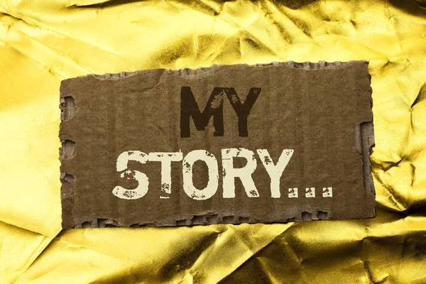 Word writing text My Story.... Business concept for Biography Achievement Personal History Profile Portfolio written on tear Cardboard Piece on the Golden textured background. — Stock Photo, Image