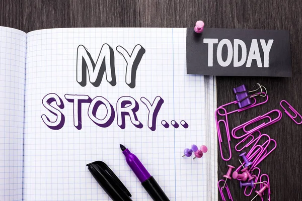 Handwriting text My Story.... Concept meaning Biography Achievement Personal History Profile Portfolio written on Notebook Book on wooden background Today with Thumbpin Marker Paper Clip. — Stock Photo, Image