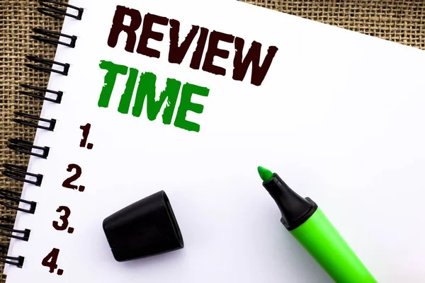 Text sign showing Review Time. Conceptual photo Evaluating Survey Reviewing Analysis Checkup Inspection Revision written on Notebook Book on the jute background Marker next to it.