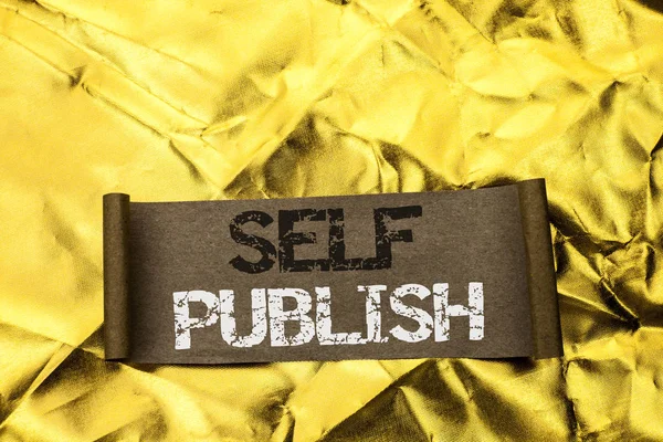 Handwriting text writing Self Publish. Concept meaning Publication Write Journalism Manuscript Article Facts written on Cardboard Piece on the Golden textured background. — Stock Photo, Image