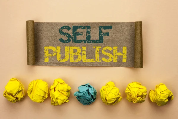 Writing note showing  Self Publish. Business photo showcasing Publication Write Journalism Manuscript Article Facts written on Cardboard Paper on the plain background Crumpled Paper Balls — Stock Photo, Image