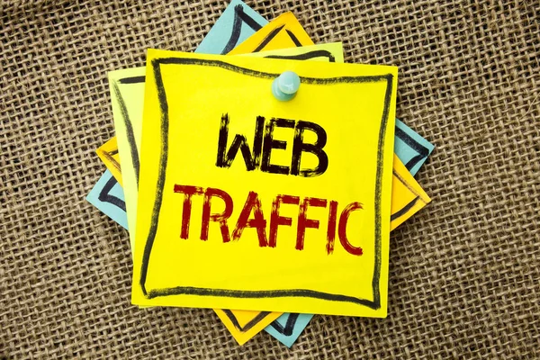 Text sign showing Web Traffic. Conceptual photo Internet Boost Visitors Audience Visits Customers Viewers written on Sticky Note Paper attached to jute background with Thumbpin on it.