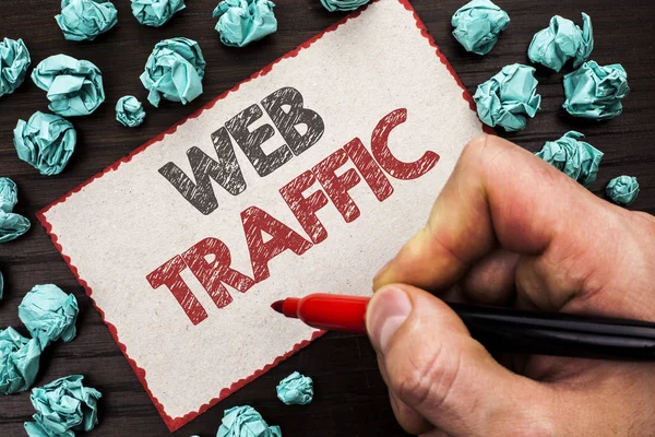 Text sign showing Web Traffic. Conceptual photo Internet Boost Visitors Audience Visits Customers Viewers written by Man Holding Marker on Cardboard Piece on the wooden background.