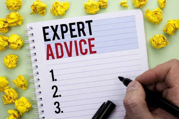 Writing note showing  Expert Advice. Business photo showcasing Professional Recommendation Suggestion Help Assistance written By Man Holding Marker on Notebook Book.