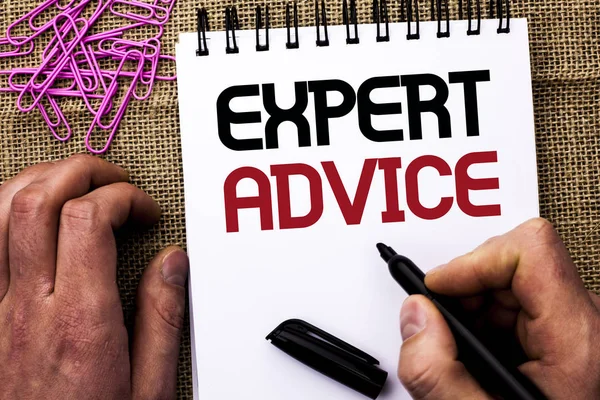 Text sign showing Expert Advice. Conceptual photo Professional Recommendation Suggestion Help Assistance written by Man Holding Marker on Notebook Book on the jute background Pins next to it