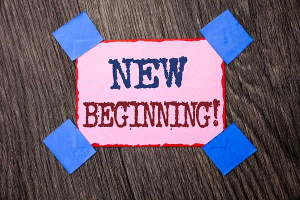 Text sign showing New Beginning Motivational Call. Conceptual photo Fresh Start Changing Form Growth Life written on Pink Sticky Note Paper on the wooden background.