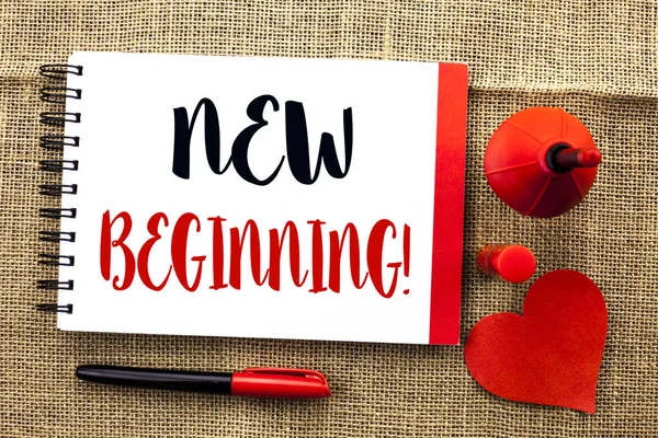 Handwriting text writing New Beginning Motivational Call. Concept meaning Fresh Start Changing Form Growth Life written on Notebook Book on the jute background Pen and Heart next to it. — Stock Photo, Image